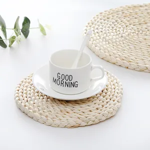 Detail of hand-woven natural corn husk coasters with thick heat-resistant textures