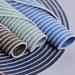 Japanese style round ramie table mats with striped woven patterns in blue and green