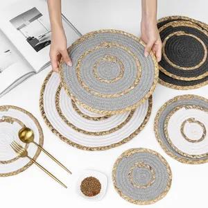 Japanese round woven placemats in cotton and seagrass with various size stacks