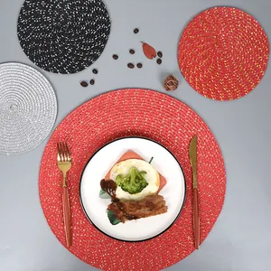 Nordisch Gewebt Rund Platzset Hitzebeständig Wasserdicht Tischmatte Gold Silber Faden Geflochten Untersetzer Für Esszimmer Küche Deko