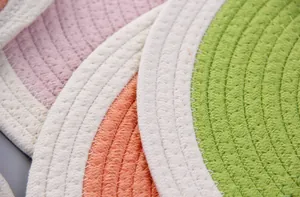 Detail showing spiral cotton rope weaving texture and pastel macaron color stitching