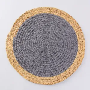 Set de table rond de style japonais en paille naturelle et corde en fibre grise