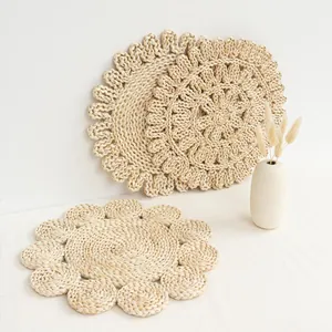 Handwoven natural corn husk placemat set with floral scalloped edges for home table decor