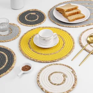 Hand-Woven Water Hyacinth Cotton Thread Placemats Round Oval Heat Resistant Non-Slip Dining Table Mats For Home Decor