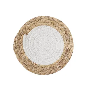 Sous-verre de style japonais tressé en herbe naturelle et corde de coton blanc
