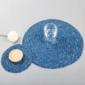 Detailed texture of blue woven heat-resistant table mats in thick cotton fiber
