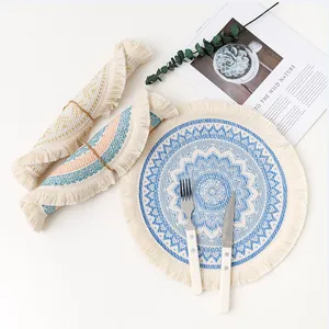 Bohemian mandala woven cotton placemats with fringe tassels and colorful geometric patterns