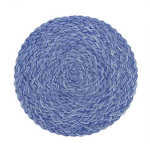 Nordic blue and white woven round placemat with concentric heat-resistant cotton patterns