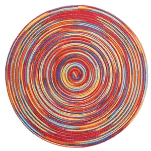 Colorful bohemian round woven placemat with red and blue spiral braided heat resistant fiber