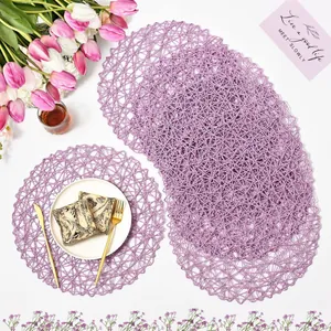 Set of purple round woven placemats with hollow fiber texture for dining table decor