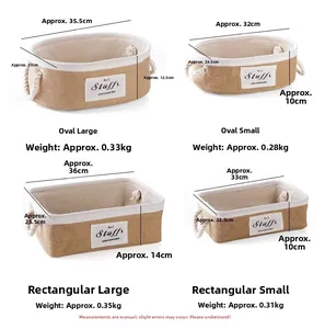 Size chart showing dimensions for oval and rectangular jute storage baskets with rope handles