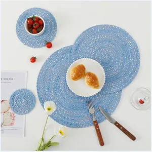 Ensemble de sets de table et dessous de verre tissés bleu clair à pois texturés colorés