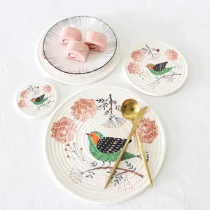 Nordic round cotton rope placemats set with bird and flower prints for home table decor