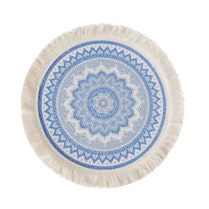 Blue and white mandala round placemat with white cotton tassels for bohemian table decor