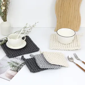 Thick square woven cotton placemats in grey and white with hanging loops