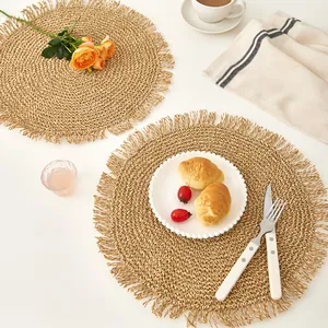Tovaglietta Giapponese Rotonda In Carta Intrecciata Con Frange Sottobicchiere All'Uncinetto Minimalista Resistente Al Calore Beige