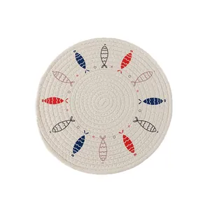 Nordic round woven heat resistant cotton placemat with colorful fish patterns