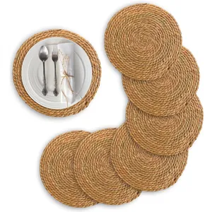 Natural Rush Grass Woven Round Placemats Heat Resistant Handmade Braided Table Mats Coasters For Kitchen Dining Home Decor