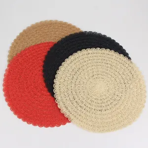 Set of 4 minimalist round woven paper placemats in red, black, beige, and brown colors