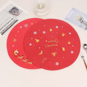Christmas Round Braided PP Placemat Heat Resistant Red Gold Embroidered Santa Reindeer Design Table Mat For Home Party Decor