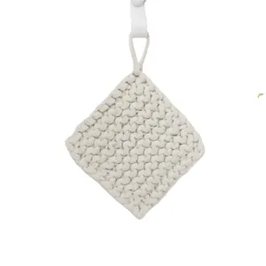 Thick square woven cotton rope insulation mat in beige with hanging loop on white background