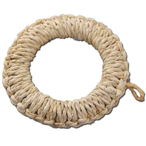 Handwoven round straw heat-resistant placemat with hanging loop for kitchen tabletop