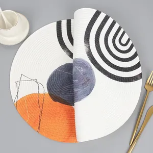 Macro detail of round woven placemat with modern abstract geometric pattern and texture