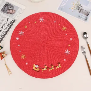 Detailed macro view of woven red Christmas round placemat with snowflake patterns