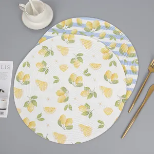 Round woven placemats with lemon print and stripes for modern heat-resistant dining