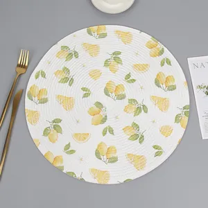 Round woven placemat with lemon pattern, waterproof and heat-resistant for dining tables