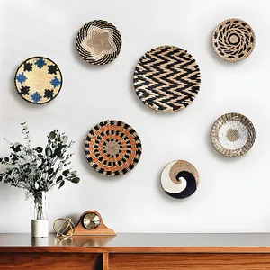 7-piece set of bohemian woven seagrass wall decor plates with geometric patterns
