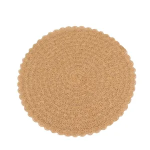 Minimalist round woven paper placemat with wavy edges and natural wood fiber texture
