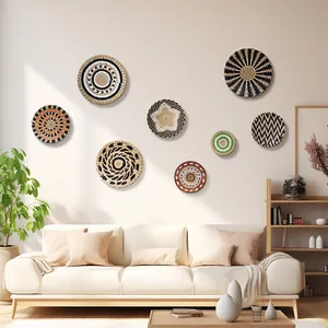 8-piece set of bohemian hand-woven seagrass wall baskets with geometric ethnic patterns