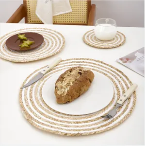 Handwoven round dining placemat set with natural corn husk spiral pattern for table heat insulation