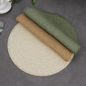 Set of 3 round woven placemats with fringe edge in cream, khaki and sage green