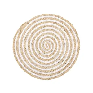 Japanese woven round trivet with white and natural fiber spiral pattern for kitchen heat protection