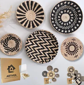 Five-piece set of handmade woven wall decor disks with geometric patterns and hardware