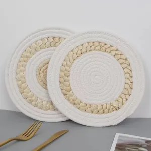 Nordic round woven placemats set made of natural straw and white cotton rope