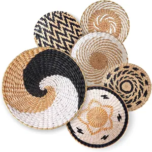 Handmade Seagrass Woven Wall Decor Round Straw Decorative Plates For Living Room Bedroom Bohemian Ethnic Style Background