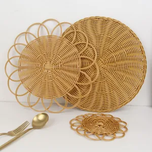Woven Round Placemats Faux Rattan Heat Resistant Table Mats Sunflower Pattern Non-Slip Coasters For Dining Table Kitchen Decor Home Accessories
