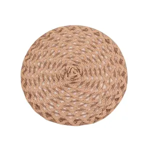Minimalist round handwoven ramie placemat with two-tone geometric pattern and heat insulation