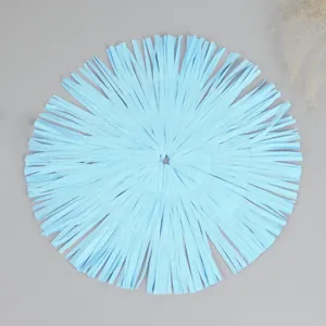 Detailed top view of a light blue round woven paper placemat with fringe for table decor