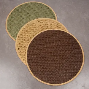 Japanese woven table mats in green, beige, and brown with cork edges for heat insulation