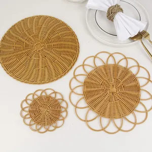 Round woven table mats set in natural wood color for heat insulation and dining decor