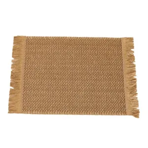 Rectangle khaki herringbone woven placemat with tassels and heat-resistant texture