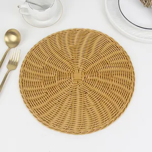 Macro detail of round woven placemat with intricate concentric heat-resistant texture