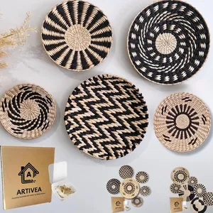 5-piece bohemian woven seagrass wall basket set with geometric patterns and hanging hooks