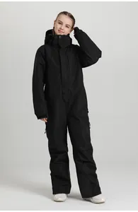 Kids black waterproof one-piece ski suit with windproof hood and zippered pockets