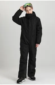 Close-up of kids black one-piece ski suit with windproof hood and waist adjustment