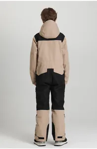 Back view of kids' ski jumpsuit showing waterproof fabric and hooded design details